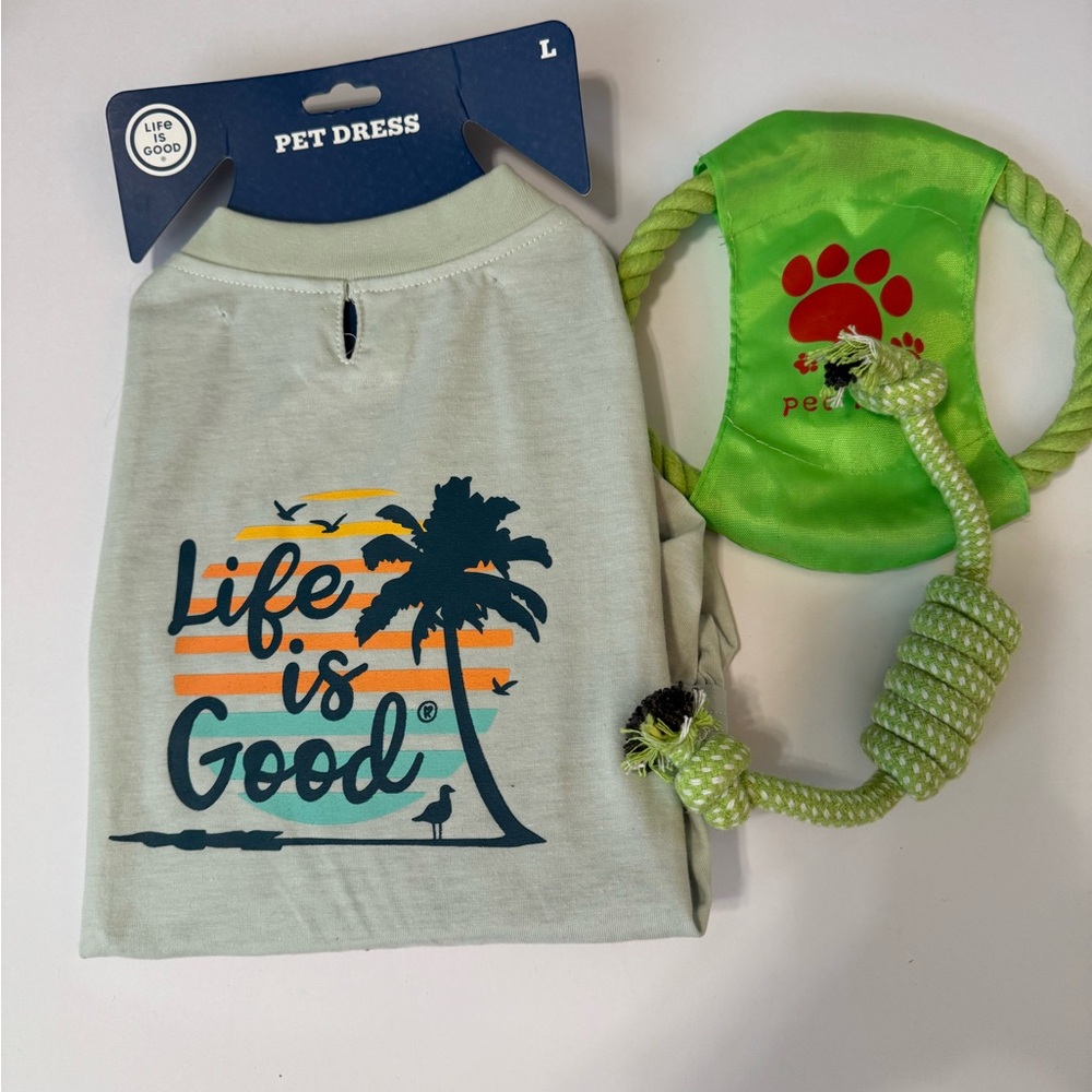 Life Is Good Palm Tree Pet Dress with Green Toy
